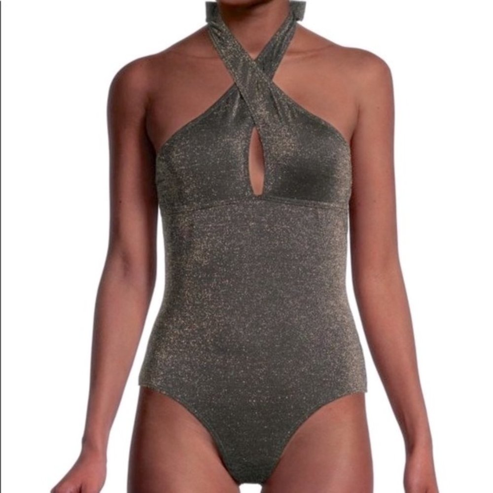 Jones New York Metallic Bodysuit One Piece Swimsuit Cross Front Tie Back L